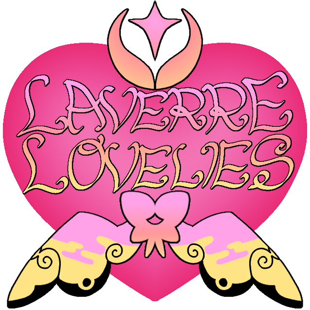 a logo for an imaginary sports team named the Laverre Lovelies. the logo consists of a large hot pink heart, at the top is the pokemon tcg's fairy type energy logo in a pink-yellow gradient, in the middle is the team name 'Laverre Lovelies' written in a flowing calligraphy-style type also with a pink-yellow gradient, and at the bottom the pokemon main series fairy type logo in pink with two long wings extending from each side that are identical to the sleeves worn by Valerie from Pokemon X and Y